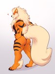 ankle_tuft anthro anthrofied arm_tuft black_body black_clothing black_fur black_nose black_underwear bulge butt chest_tuft claws clothing fur heart_symbol leg_tuft looking_at_viewer looking_back male muscular muscular_anthro muscular_male neck_tuft orange_body orange_fur pokemorph red_eyes shy simple_background smile solo striped_body striped_fur stripes tuft underwear white_background white_body white_fur shoguru nintendo pokemon arcanine generation_1_pokemon pokemon_(species) hi_res