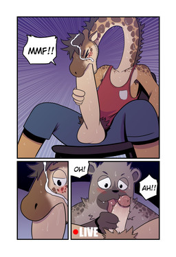 anthro autofellatio balls big_penis blush bodily_fluids bottomwear brown_body brown_fur brown_hair brown_mane camera_hud chair clothed clothing cum cum_in_hair cum_on_face cum_on_head dialogue erection eyes_closed fellatio fur furniture genital_fluids genitals group hair hand_on_penis humanoid_genitalia humanoid_penis licking long_neck long_penis male male/male mane masturbation moan on_chair oral oral_masturbation penile penile_masturbation penis penis_grab penis_in_mouth penis_lick pubes recording_video red_clothing red_shirt red_topwear sex shirt shorts sitting sitting_on_chair spread_legs spreading sweat tank_top text tongue topwear trio t0l0k andrew_(t0l0k) carlos_(t0l0k) samuel_(t0l0k) cricetid giraffe giraffid hamster hyena mammal rodent absurd_res comic english_text hi_res