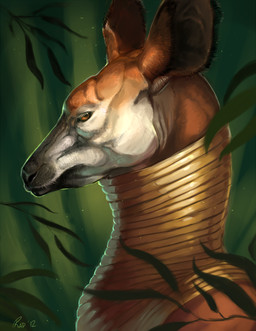 ambiguous_gender anthro black_body black_fur brown_eyes eyelashes frown fur gold_(metal) gold_jewelry jewelry leaf looking_at_viewer nature neck_ring orange_eyes outside side_view snout solo white_body white_fur rhyu giraffid mammal okapi 2012 bust_portrait digital_media_(artwork) digital_painting_(artwork) hi_res painting_(artwork) portrait