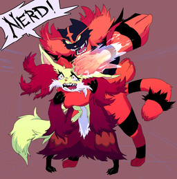 ambiguous_gender blue_eyes bodily_fluids bullying chokehold duo fangs fight frown fur headlock open_mouth orange_body orange_fur red_body red_eyes red_fur smile speech_bubble tears teeth yellow_body yellow_fur unknown_artist nintendo pokemon delphox generation_6_pokemon generation_7_pokemon incineroar pokemon_(species)