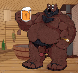 age_difference alcohol anthro balls beard beer belly beverage bodily_fluids body_hair bulge clock clothing eyewear facial_hair footwear genitals glasses humanoid_genitalia humanoid_penis male mustache nude nude_anthro older_male overweight overweight_male penis sandals sauna shoes solo sweat watch borderlinebeast norbert_becker bear brown_bear mammal ursine absurd_res hi_res