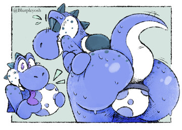 anthro anus big_butt blush blush_lines bodily_fluids butt egg egg_from_ass male markings neck_spikes oviposition solo spots spotted_markings sweat tail text bloshi mario_bros mythology nintendo blue_yoshi dinosaur dragon mythological_creature mythological_scalie prehistoric_species reptile scalie yoshi english_text hi_res signature