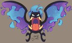 ambiguous_feral ambiguous_gender blue_eyes claws feet feral flying front_view membrane_(anatomy) membranous_wings open_mouth sharp_teeth simple_background solo teeth tongue wings yellow_sclera flipside nintendo pokemon fan_character bat gastly generation_1_pokemon ghost golbat hybrid_pokemon mammal pokemon_(species) spirit 2023 dated signature