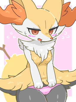 anthro blush breasts chest_tuft clothing embarrassed female fur inner_ear_fluff looking_at_viewer object_in_tail open_mouth orange_body orange_fur orange_nose panties pointy_ears red_eyes simple_background small_breasts solo stick stick_in_tail tail tuft underwear white_body white_fur sankoh_test nintendo pokemon braixen generation_6_pokemon pokemon_(species) 3:4 hi_res