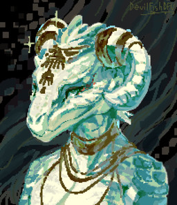 anthro etes female horn horn_jewelry jewelry necklace pixelated solo devilfish_(artist) microsoft the_elder_scrolls argonian scalie hi_res signature