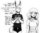 anthro bottomwear bulge clothing dialogue dithering dolphin_shorts duo embarrassed female hotpants humor male nervous screentone shirt shorts text text_on_clothing text_on_shirt text_on_topwear topwear hladilnik donk_(hladilnik) mrs._poodle_(hladilnik) asinus canid canine canis domestic_dog donkey equid equine mammal poodle black_and_white english_text hi_res monochrome