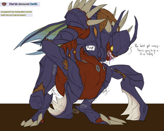 abdominal_bulge ambush anthro anthro_prey belly big_belly blade_arm bodily_fluids bulge carapace claws detailed_bulge digestion digestion_implied drooling duo exoskeleton face_imprint fatal fatal_vore fur glowing glowing_eyes glowing_markings head_imprint implied_fatal imprint larger_pred leaning leaning_forward male male_pred male_prey markings muffled oral_vore paws predator/prey prey_imprint prey_outline respawning sagging_belly saliva size_difference soft_vore spikes spread_legs spreading squirming stretchy_belly struggling struggling_prey talking_to_belly talking_to_prey text tight_belly tongue tongue_out vore wings conditional_dnp samagthrav2 league_of_legends mythology riot_games tencent derlik kha'zix_(lol) arthropod dragon insect monster mythological_creature mythological_scalie scalie voidborn 5:4 absurd_res english_text hi_res