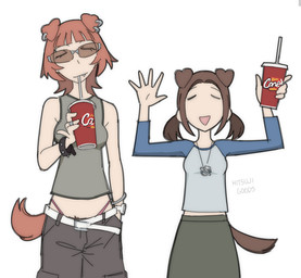 5_fingers bangs belt biped black_bracelet blue_clothing blue_shirt blue_topwear bottomwear bracelet breasts brown_ears brown_hair brown_pubes brown_tail cargo_pants clock clothed clothed_female clothed_humanoid clothing container cup digit_ring disposable_cup drinking drinking_straw duo ear_piercing ear_ring eyebrows eyelashes eyes_closed eyewear fangs female female_humanoid finger_ring fingers floppy_ears folded_ears front_view grey_bottomwear grey_bracelet grey_clothing grey_pants grey_shirt grey_skirt grey_topwear hair hand_in_pocket holding_container holding_cup holding_object human_and_animal_ears jewelry long_hair long_sleeves medium_breasts multi_ear necklace open_mouth palms pants pendant piercing pigtails pink_clothing pink_thong pink_underwear pockets pube_peek pubes raised_arms ring_piercing shirt simple_background skirt sleeveless_shirt spiked_bracelet spikes spread_fingers standing sunglasses tail teeth thong topwear underwear watch white_background white_belt wristwatch hitsujigoods raising_cane's mitsu_inumoto vhs_inumoto animal_humanoid canid canid_humanoid canine canine_humanoid dog_humanoid humanoid mammal mammal_humanoid signature sibling_(lore) sister_(lore) sisters_(lore)