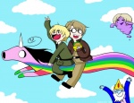 alternate_species ambiguous_gender blonde_hair brown_hair burger cloud eyewear feral flying food glasses group hair happy horn long_hair male outside rainbow short_hair sky skyscape style_emulation toony unknown_artist adventure_time cartoon_network hetalia mythology america_(hetalia) england_(hetalia) ice_king lady_rainicorn lumpy_space_princess equid equine human lumpy_space_denizen mammal mythological_creature mythological_equine rainicorn unicorn