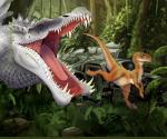 duo fangs feral long_mouth open_mouth plant running scales sharp_teeth split_jaw teeth tongue crimsonrex jurassic_park jurassic_world the_isle universal_studios dinosaur dromaeosaurid prehistoric_species reptile scalie spinosaurid spinosaurus theropod velociraptor digital_media_(artwork) hi_res