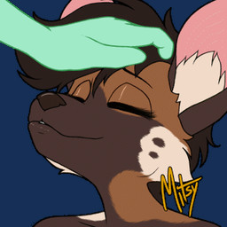 ambiguous_gender anthro brown_body brown_fur brown_hair duo ear_motion eyes_closed fur fur_markings green_body hair headpat inner_ear_fluff markings mostly_offscreen_character narrowed_eyes open_mouth red_eyes sharp_teeth simple_background solo_focus teeth transparent_background tuft white_body white_fur white_inner_ear_fluff mitsymarcella african_wild_dog canid canine mammal 1:1 2d_animation alpha_channel animated loop low_res signature trans_(lore) trans_woman_(lore)