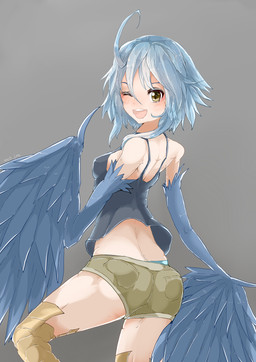 blue_body blue_feathers blue_hair bottomwear breasts clothed clothed_female clothing feathers female fully_clothed fully_clothed_female grey_background hair light_body light_skin midriff monster_girl_(genre) one_eye_closed shirt short_hair shorts simple_background smile solo topwear rnd european_mythology greek_mythology monster_musume mythology papi_(monster_musume) animal_humanoid avian avian_humanoid harpy humanoid mythological_avian mythological_creature hi_res