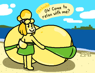 anthro areola beach big_breasts bottomwear bouncing_breasts breasts clothing crop_top exclamation_point female freckles huge_breasts hyper hyper_breasts looking_at_viewer looking_back orange_areola question_mark shirt skirt smile solo speech_bubble text topwear yellow_body mattthetooncat animal_crossing nintendo isabelle_(animal_crossing) canid canine canis domestic_dog mammal shih_tzu toy_dog animated english_text hi_res loop short_playtime