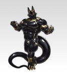 after_transformation big_tail black_body claws feet gold_body male muscular null_bulge red_eyes simple_background tail tenkuyaki egyptian_mythology middle_eastern_mythology mythology anubis deity 2024