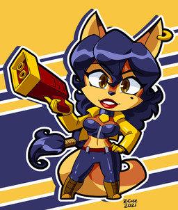 5_fingers anthro biped blue_hair breasts brown_eyes chibi clothed clothing ear_piercing female fingers front_view fully_clothed gloves hair hand_on_hip handwear jacket looking_at_viewer orange_body outline piercing smile solo standing topwear year rongs1234 sly_cooper_(series) sony_corporation sony_interactive_entertainment sucker_punch_productions carmelita_fox canid canine fox mammal 2021 full-length_portrait portrait signature