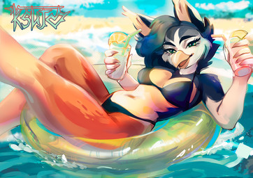 alcohol anthro beach belly beverage big_ears bikini bikini_top black_bikini black_clothing black_swimwear blue_body blue_fur blue_hair breasts brown_body clothing cocktail female fur green_eyes hair lemonade looking_at_viewer medium_breasts multicolored_body multicolored_fur navel non-mammal_breasts non-mammal_navel paws sea smile solo summer swim_ring swimwear thick_thighs two-piece_swimsuit water wide_hips ksujo mythology inno-sjoa_(character) avian bird gryphon mythological_avian mythological_creature