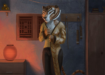 5_fingers anthro biped black_body black_fur book bottomwear chest_wraps clothed clothing female fingers front_view fur humanoid_hands inside melee_weapon nunchaku orange_body orange_fur pants red_eyes scroll solo standing stripes weapon white_body white_fur wraps yellow_eyes efudek dreamworks kung_fu_panda master_tigress felid mammal pantherine tiger