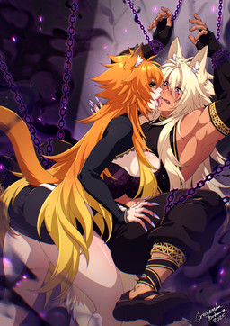arms_tied big_breasts blonde_hair bound breasts chain dominant dominant_female eyebrow_through_hair eyebrows eyelashes face_lick female green_eyes hair legs_tied licking male male/female orange_hair purple_eyes questionable_consent spread_legs spreading submissive submissive_male tail tongue tongue_out translucent translucent_hair crescentia_fortuna deathblight sethos_(deathblight) animal_humanoid canid canid_humanoid canine canine_humanoid cat_humanoid felid felid_humanoid feline feline_humanoid humanoid jackal_humanoid mammal mammal_humanoid 2025 dated hi_res signature