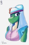 anthro blue_eyes clothed clothing countershading female green_body green_scales green_skin headdress headgear headwear looking_at_viewer scales shirt simple_background sleeveless_shirt smile solo text topwear white_background justathereptile vlora_(justathereptile) lizard monitor_lizard reptile scalie 2023 bust_portrait character_name hi_res portrait watermark