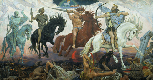 ambiguous_feral ambiguous_gender armor arrow_(weapon) black_body black_hair black_mane black_tail bone bow_(weapon) brown_body brown_hair brown_mane brown_tail corpse crescent_moon feathered_wings feathers feral grey_body grey_hair grey_mane grey_tail group hair headgear helmet holding_melee_weapon holding_object holding_sword holding_weapon hooves horseback_riding male male_human male_humanoid mane melee_weapon moon open_mouth outside polearm ranged_weapon religion riding running skeleton sword tail text unguligrade weapon white_body white_hair white_mane white_tail wings viktor_vasnetsov bible christianity lamb_of_god public_domain death_(personification) famine_(personification) four_horsemen jesus_christ pestilence_(personification) war_(personification) angel animated_skeleton bovid caprine equid equine horse human humanoid mammal sheep undead 1887 19th_century ancient_art full-length_portrait hi_res oil_painting_(artwork) painting_(artwork) portrait traditional_media_(artwork) traditional_painting_(artwork) translated