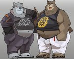 anthro anthrofied belly brown_body brown_fur bulge clothing duo facial_scar fur grey_body grey_fur jacket male missing_eye overweight scar shirt tank_top topwear coolietf mihoyo zenless_zone_zero ben_bigger wise_(zenless_zone_zero) bear mammal hi_res