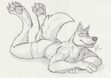 anthro chest_tuft claws closed_smile clothed clothing head_tuft looking_at_viewer lying male male_anthro mouth_closed on_front pawpads simple_background smile solo toe_claws topless tuft hufnaar canid canine mammal 2017 dated hi_res monochrome sketch