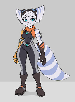 amputee anthro arm_tuft belt blue_eyes boots breasts clothing cybernetic_arm cybernetic_limb disability ear_piercing ear_ring eyebrows eyelashes eyewear eyewear_on_head female footwear fur gloves goggles goggles_on_head handwear head_tuft markings piercing ring_(marking) ring_piercing ringed_tail scarf shoes shoulder_tuft smile solo striped_markings striped_tail stripes tail tail_markings tuft white_body white_fur sozokuu ratchet_and_clank sony_corporation sony_interactive_entertainment rivet_(ratchet_and_clank) lombax mammal 2026 absurd_res flat_colors hi_res