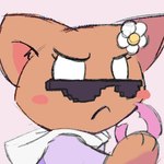 annoyed anthro brown_body brown_fur chibi clothing dessert doughnut eyelashes eyewear female flower_on_head food fur pastry purple_clothing self_insert sunglasses white_eyes jubbimafu jubbi lily_(jubbimafu) felid feline mammal