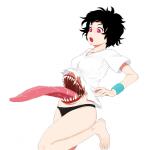 1:1 2008 barefoot belly_mouth black_hair bodily_fluids breasts clothed clothing feet female hair humanoid long_tongue not_furry open_mouth oyatsu panties pink_eyes saliva sharp_teeth shirt simple_background solo teeth tongue tongue_out topwear torn_clothing underwear white_background wristband