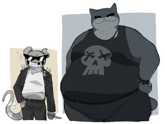 anthro bandage belly bottomwear bracelet clothed clothing duo eyewear fangs female female_anthro front_view fully_clothed fur grey_body grey_fur grin hand_in_pocket hand_on_hip jacket jewelry knife larger_anthro larger_female leather leather_clothing leather_jacket leather_topwear looking_at_viewer male male_anthro missing_tooth obese obese_anthro obese_female overweight overweight_anthro overweight_female pants pockets shirt simple_background size_difference skull_symbol smaller_anthro smaller_male smile snaggle_tooth sparkles spiked_bracelet spiked_jacket spikes standing sunglasses sunglasses_on_face teeth topwear wearing_sunglasses monarchaip mewgenics guillotina_(mewgenics) radical_rat_(mewgenics) domestic_cat felid feline felis mammal murid murine rat rodent 2026 digital_media_(artwork) hi_res
