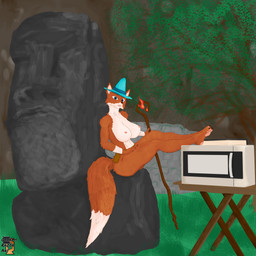 anthro appliance bandage bandaged_arm belt belt_pouch big_breasts blue_eyes book breasts clothing crossgender elemental_manipulation female fire fire_manipulation fireball forest fur furniture game_media grass hand_on_leg hand_on_thigh hat headgear headwear kitchen_appliance looking_at_viewer magic_user microwave_oven moai_statue moss nipples open_mouth orange_body orange_fur pawpads paws plant resting_legs sculpture sitting solo staff statue table tail teeth tree wall_(structure) white_body white_fur wizard_hat occamsrazorart megabonk fox_(megabonk) canid canine fox mammal 1:1 absurd_res hi_res