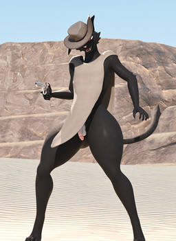 anthro black_body clothing cowboy_hat desert eye_scar facial_scar genitals gun handgun hat headgear headwear holding_gun holding_object holding_ranged_weapon holding_weapon humanoid_genitalia humanoid_penis male obscured_eyes orange_eyes penis poncho_only pose ranged_weapon revolver scar solo tail weapon wide_hips sneakyphox vulgarvictor_(modeler) mewgenics zodiac_(mewgenics) domestic_cat felid feline felis mammal 3d_(artwork) absurd_res blender_(artwork) digital_media_(artwork) hi_res pinup