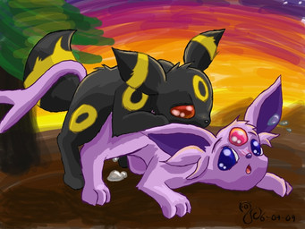 all_fours blue_eyes blush bodily_fluids cum duo female feral feral_on_feral from_behind_position genital_fluids male male/female open_mouth outside red_eyes sex sky sunset tail tamias nintendo pokemon eeveelution espeon generation_2_pokemon pokemon_(species) umbreon 2009 4:3 signature