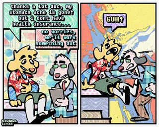 2_panel_comic aloha_shirt anthro balding clothing combover dialogue duo eyewear flip_flops floppy_ears footwear fur glasses half-closed_eyes humor male narrowed_eyes necktie pattern_clothing pattern_shirt pattern_topwear punch sandals shirt shoes slacks smile socks socks_with_sandals speech_bubble text topwear yellow_body yellow_fur rawdawgcomics stahli_(rawdawgcomics) bird_dog canid canine canis domestic_dog golden_retriever hunting_dog mammal retriever 5:4 comic english_text