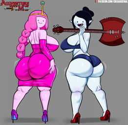 5_fingers axe_guitar bass_guitar big_breasts big_butt breasts butt clothing dress duo fangs female fingers food footwear guitar hair high_heels huge_butt humanoid_pointy_ears looking_at_viewer musical_instrument not_furry pink_body pink_clothing pink_dress pink_hair pink_skin plucked_string_instrument pointy_ears shoes string_instrument teeth text tight_clothing coldarsenal adventure_time cartoon_network marceline_abadeer princess_bubblegum candy_people_(at) demon demon_humanoid food_creature humanoid vampire 2025 hi_res url