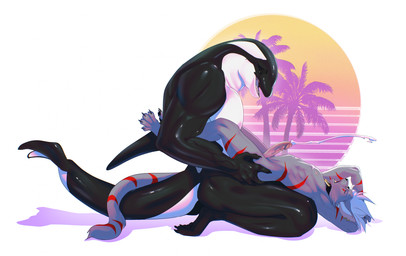 anthro bodily_fluids claws cum cumshot duo ejaculation from_front_position genital_fluids genitals hands-free kneeling male male/male muscular nude penis sex side_view tail peritian aquatic cetacean dolphin felid feline mammal oceanic_dolphin orca toothed_whale hi_res