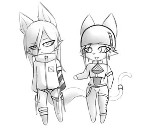 anthro belt chibi clothing collar duo female hair hair_over_eyes jacket long_hair male male/female straps topwear eevoxx canid canine canis felid feline mammal wolf absurd_res graphite_(artwork) hi_res monochrome sketch traditional_media_(artwork)