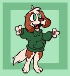 ambiguous_gender anthro arms_out bottomless brown_body brown_fur brown_nose brown_pawpads chibi clothed clothing digitigrade feet floppy_ears freckled_face freckles fur green_background green_clothing green_eyes green_hoodie green_topwear handpaw head_tuft hindpaw hoodie lop_ears open_mouth open_smile pawpads paws pink_tongue simple_background smile snout solo standing tail tongue topwear tuft white_body white_fur thatguynamedjoe cloud_(cloudpie) bird_dog canid canine canis cavalier_king_charles_spaniel domestic_dog hunting_dog mammal spaniel toy_dog 2023 aliasing clip_studio_paint_(artwork) digital_drawing_(artwork) digital_media_(artwork) flat_colors full-length_portrait portrait female_(lore)