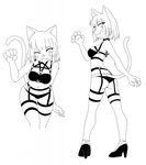 anthro breasts butt clothing female footwear hair high_heels legwear looking_at_viewer navel one_eye_closed shoes short_hair simple_background smile solo standing stockings whiskers white_background xbc9 domestic_cat felid feline felis mammal 2021 hi_res monochrome