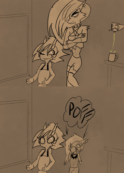anthro clothing collar crossgender female instant_transformation male shirtless shrinking size_transformation transformation wzzzki hellaverse helluva_boss loona_(helluva_boss) millie_(helluva_boss) absurd_res hi_res