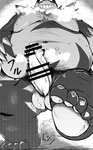ailurid anthro balls big_balls big_penis censored chiro_(artist) erection fanfan feet foot_focus genitals greyscale grin hi_res low-angle_view male mammal monochrome overweight overweight_anthro overweight_male penis red_panda smile solo worm's-eye_view