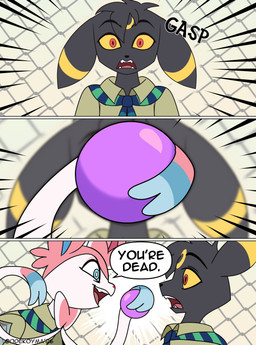 3_panel_comic anthro ball black_eyebrows black_nose black_text blue_body blue_eyes blue_fur blue_inner_ear blurred_background border bow_(anatomy) clothing collared_shirt day detailed_background dialogue duo ears_down eyebrows fence fur gasp green_clothing green_shirt green_topwear harmony_scarf holding_ball holding_object kerchief looking_at_another male markings motion_lines neckerchief neckwear open_mouth outside pattern_kerchief pattern_neckerchief pink_body pink_ears pink_fur pink_inner_ear pivoted_ears pokemorph red_eyes ribbons_(anatomy) ring_(marking) shirt speech_bubble standing striped_kerchief striped_neckerchief text topwear uniform white_body white_border white_fur yellow_body yellow_fur yellow_sclera odeko-yma nintendo pokemon pokemon_mystery_dungeon spike_chunsoft lucky_(odeko-yma) pix_(odeko-yma) eeveelution generation_2_pokemon generation_6_pokemon pokemon_(species) sylveon umbreon 2026 absurd_res artist_name comic english_text hi_res