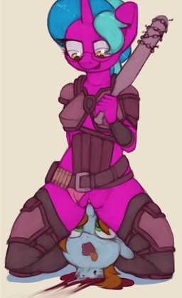 alternate_universe anthro anthrofied armor baseball_bat bat_(object) blood bodily_fluids bullet clothed clothing death decapitation duo eyewear female genitals glasses gore gore_focus green_eyes headless_play horn melee_weapon necrophilia penetration severed_body_part severed_head simple_background vaginal vaginal_penetration violence vulva weapon yellow_eyes marsminer fallout fallout_equestria hasbro microsoft my_little_pony mythology fan_character littlepip raider_(fallout) equid equine horse mammal mythological_creature mythological_equine pony unicorn crossover digital_media_(artwork) hi_res