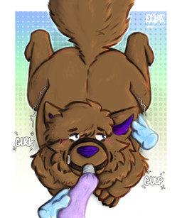 anthro belly big_belly blush blush_lines brown_body brown_fur disembodied_hand duo force_feeding forced fur ghost_hand icing kneeling male overweight overweight_anthro overweight_male pastry_bag purple_inner_ear purple_nose solo_focus stuffing eliaslynxie 5:6 absurd_res english_description hi_res