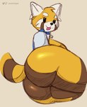 2020 aggretsuko ailurid anthro artist_name big_breasts big_butt black_eyes bottomless breasts butt butt_focus clothed clothing digital_media_(artwork) empty_eyes female fur huge_butt mammal orange_body orange_fur panickingad red_panda retsuko sanrio simple_background sketch solo tail tan_background thick_thighs tongue tongue_out topwear watermark