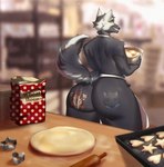 anthro apron big_butt blurred_background butt clothing detailed_background flour fluffy fluffy_tail furniture huge_butt male rolling_pin solo table tail tattooification dodosh bow_(bowhuskers) comet_(wolfywave) viera_(vanillazelle) antelope bovid domestic_cat felid feline felis gazelle mammal 2021 digital_drawing_(artwork) digital_media_(artwork) hi_res