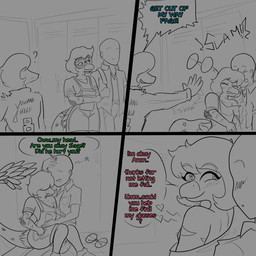 anthro bald biped blush bullying clothed clothed_anthro clothed_male clothing comforting dialogue eyes_closed eyewear feathered_tail feathers femboy fingers glasses group hallway happy heart_symbol homophobia homophobic_slur human_on_anthro humanoid_hands inside interspecies inviting jock locker long_tail looking_at_another male male/male markings overalls question_mark romantic romantic_couple round_glasses shout shove smile speech_bubble striped_markings stripes tail text textbook trio arsenic_iii cavemanon_studios goodbye_volcano_high ko_op_(game_developer) snoot_game anon_(snoot_game) sage_(gvh) dinosaur dromaeosaurid human mammal microraptor prehistoric_species reptile saurischian scalie theropod 1:1 2023 black_and_grey comic english_text hi_res monochrome multiple_scenes
