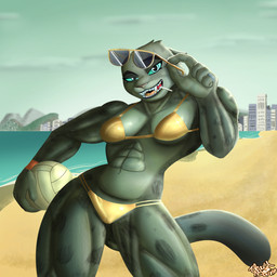 abs anthro beach bikini biped breasts camel_toe candy city clothing dessert eyewear female food front_view gold_bikini light lollipop looking_at_viewer medium_breasts muscular muscular_anthro muscular_female outside ring solo sport standing sunglasses sunlight swimwear triangle_bikini two-piece_swimsuit volleyball the_calm_shock dreamworks the_bad_guys kitty_kat_(the_bad_guys) felid feline mammal pantherine snow_leopard 1:1 absurd_res hi_res