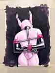 ambiguous_gender anthro arm_cuffs bdsm bondage bound butt clothing collar cuff_(restraint) gloves hands_tied handwear latex latex_clothing latex_gloves latex_handwear posture_collar restraints simple_background solo spreader_bar wrist_cuffs glopossum lagomorph leporid mammal rabbit 2023 gouache_(artwork) hi_res painting_(artwork) traditional_media_(artwork)