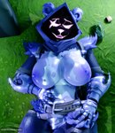 anthro big_breasts bodily_fluids breasts clothing female fur looking_at_viewer nipples nude on_ground solo sweat text thick_thighs wet wide_hips vinoveto epic_games fortnite raven_team_leader bear mammal 3d_(artwork) absurd_res digital_media_(artwork) hi_res url